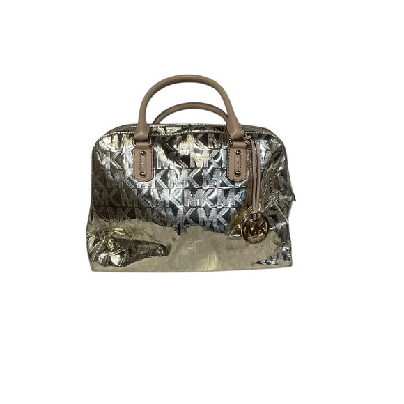 MICHAEL KORS Mason Medium Logo Embossed Metallic Gold Leather Satchel - Picture 2 of 10